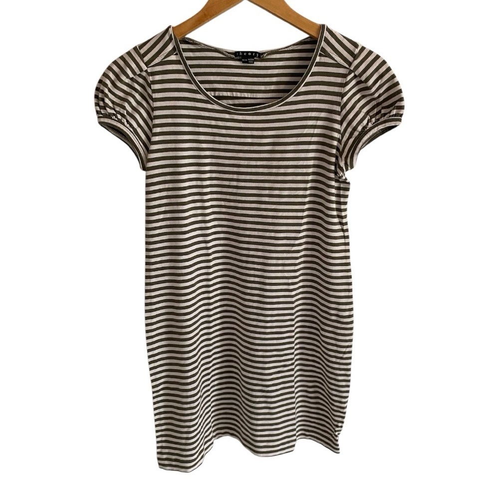 Theory Olive and White Puff Sleeve Fitted Mini Dress Size M